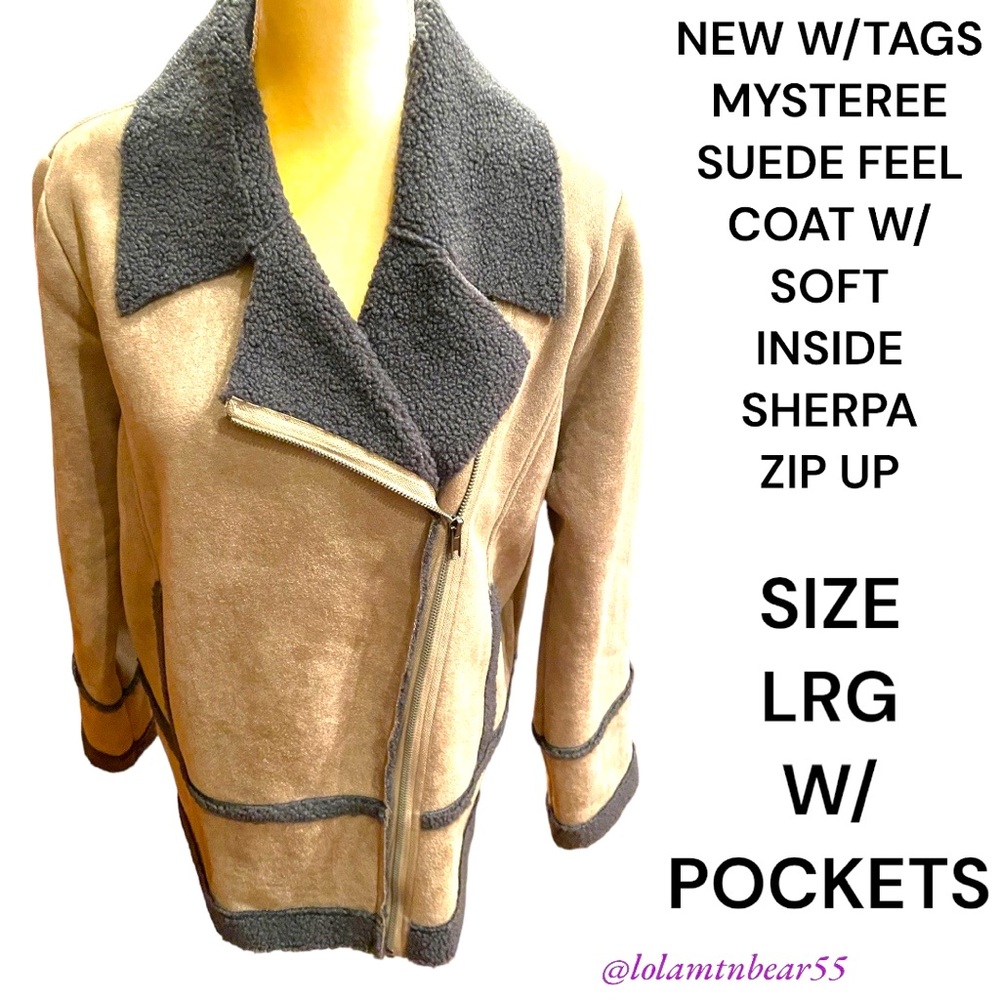 NWT MYSTEREE BRAND SUEDE FEEL/SHERPA LINED ZIP UP SOFT WARM COAT W/POCKETS SZ LG
